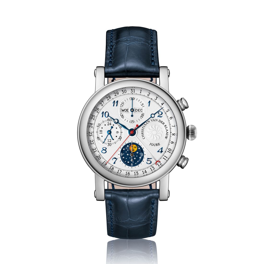 Astronomische horlogerie op z’n best, in een modern, sportief design. Deze chronograaf geeft de verstreken seconden, minuten en uren aan. Het horloge heeft een volledige datum-aanduiding, maanstand indicatie en de aanduiding van tijd op een 24-uurs schaal. Onderin op de 6 uurs positie is de maanstand af te lezen. Wanneer de Maan links van het midden staat bevindt de Maan zich in het eerste kwartier. Wanneer de beeltenis in het midden staat is het volle Maan en aan de rechterkant van het midden bevindt de Maan zich in het laatste kwartier. Indien de Maan niet zichtbaar is ziet men in het venster een prachtige sterrenhemel en is het nieuwe Maan.
